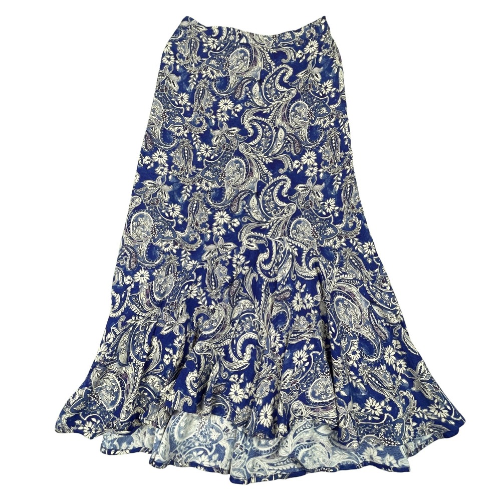 Mango MNG Daniela XS Navy Blue Paisley Viscose High Low Ruffle Midi Skirt NWT‎